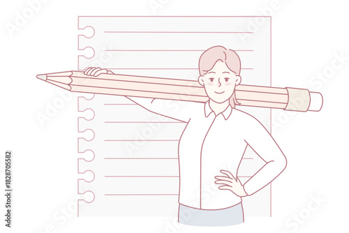 Smiling woman with huge pencil and paper. Happy female holding big writing tool ready for noting. Journalism or handwriting. Vector illustration.
