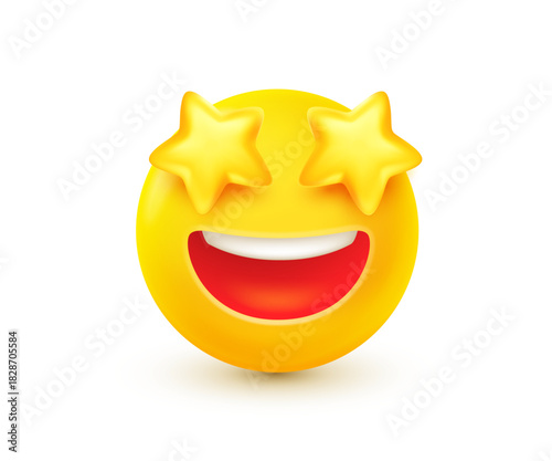Vector illustration of yellow emoji with golden star eyes. 3d style design of emoticon with star. Happy emotion excited smile face. Funny smile starry character icon. Happy mood and facial expression
