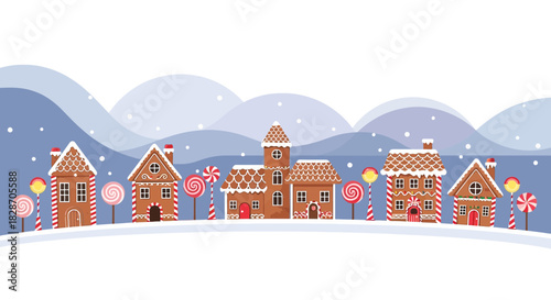 Enchanting gingerbread village on a snowy landscape backdrop creating a whimsical holiday scenery
