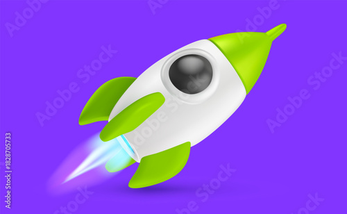 Vector startup illustration of ship with flame. Toy space rocket launch. Business startup symbol. 3d style concept design of shuttle takeoff, spaceship icon with fire
