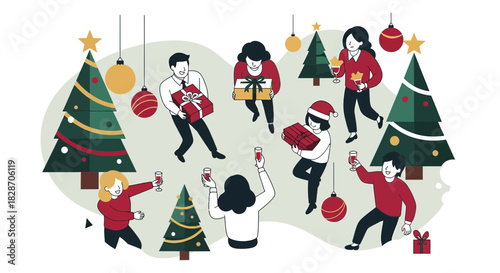 Festive christmas celebration with friends exchanging gifts and enjoying beverages