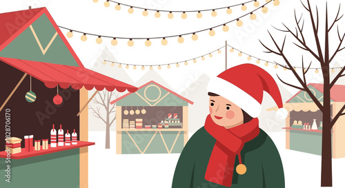 Festive christmas market illustration showcasing cheerful holiday shopping ambiance in winter season