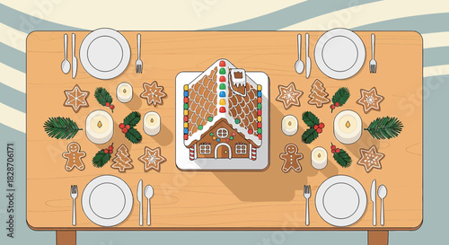 Festive Christmas dining table with a gingerbread house centerpiece decoration