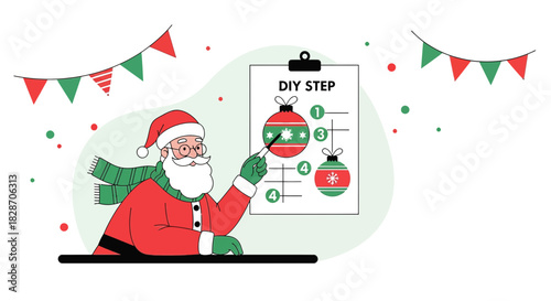 Festive crafting workshop with Santa Claus guiding DIY holiday ornament creation steps