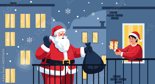 Festive exchange of gifts during the holidays season on balconies against a snowy cityscape