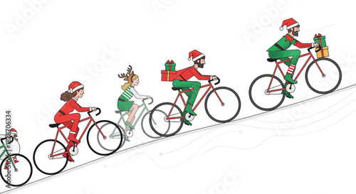 Festive cyclists delivering christmas cheer uphill through winter landscapes bringing joy