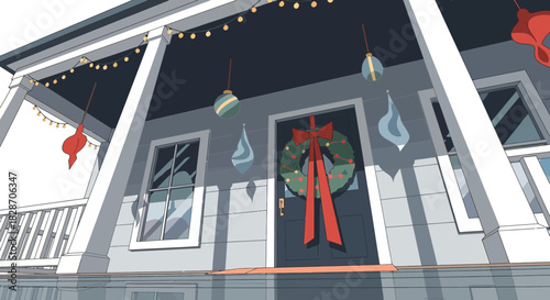 Festive facade: Illustration of a house adorned with christmas decorations and soft illumination