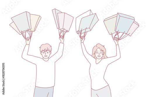 Excited people with shopping bags buying on sales. Happy customers with purchases. Concept of discounts and offers. Flat vector illustration.