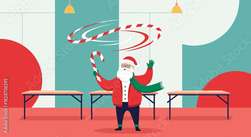 Festive fun santa claus spinning candy cane, christmas cheer and holiday anticipation, vector