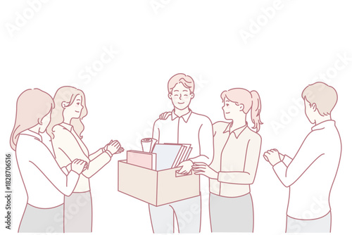 Happy employee welcome newcomer at workplace. Smiling businesspeople meet newbie in office. Employment and recruitment. Vector illustration.