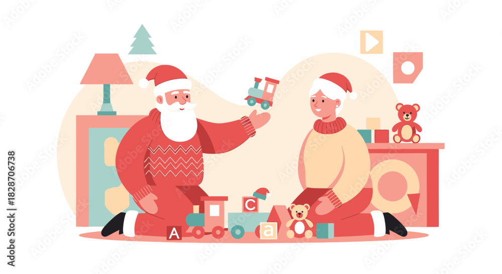 Fototapeta premium Festive illustration of a senior couple sharing the joy of christmas toys together cheerfully