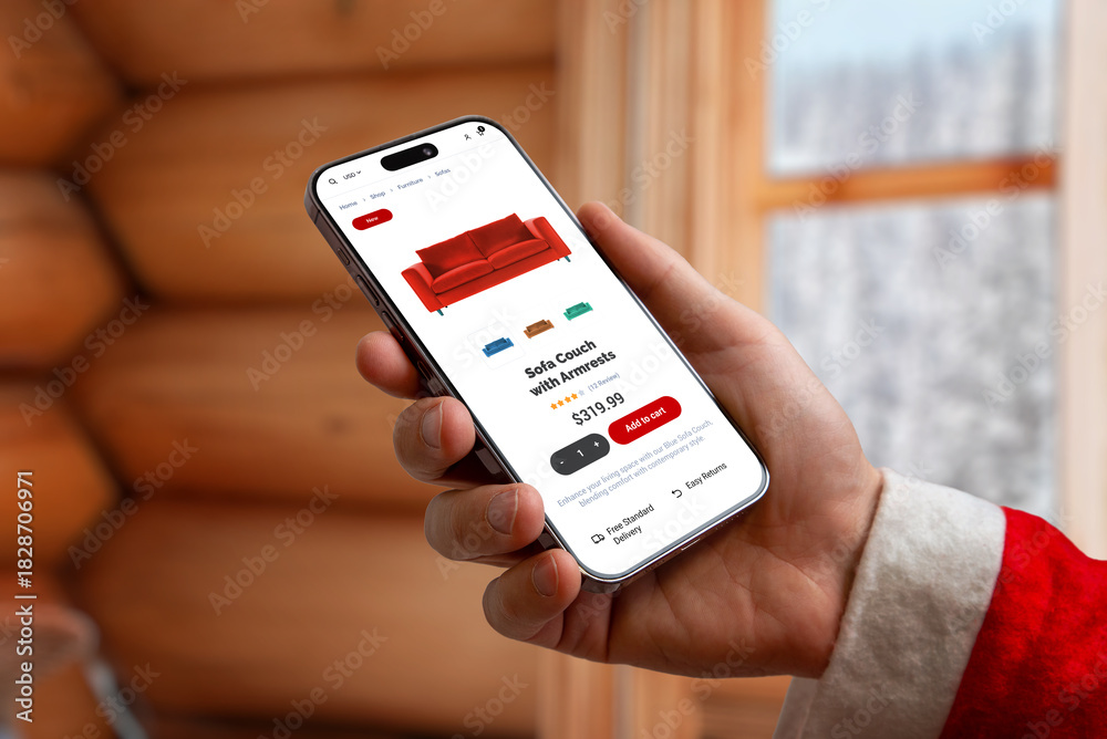 Naklejka premium Santa holding smartphone with online furniture store screen in cozy winter interior, ideal for ecommerce themes, shopping promotions, holiday marketing and digital retail concepts