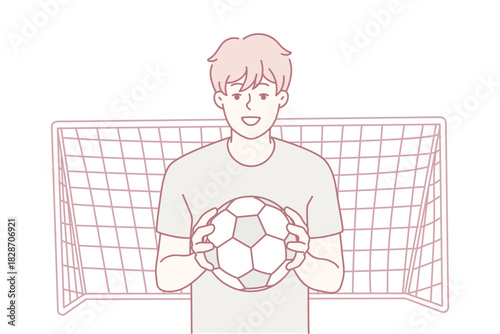 Youthful goalie stance, Focused young player prepares for game, Athletic young goalkeeper readying to defend net, Youthful soccer goalie appears concentrated and prepared for upcoming match action