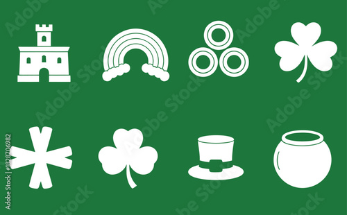 St Patricks Day Symbols Vector Design with Castle Rainbow and Shamrocks