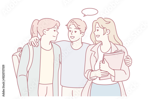 Smiling young guy flirting with female mates. Male hug talk with millennial girls in college or university. Vector illustration.