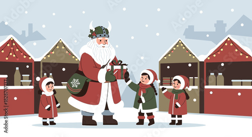 Festive Viking Santa Claus at Winter Market with Children Receiving Gifts in Snowy Scene