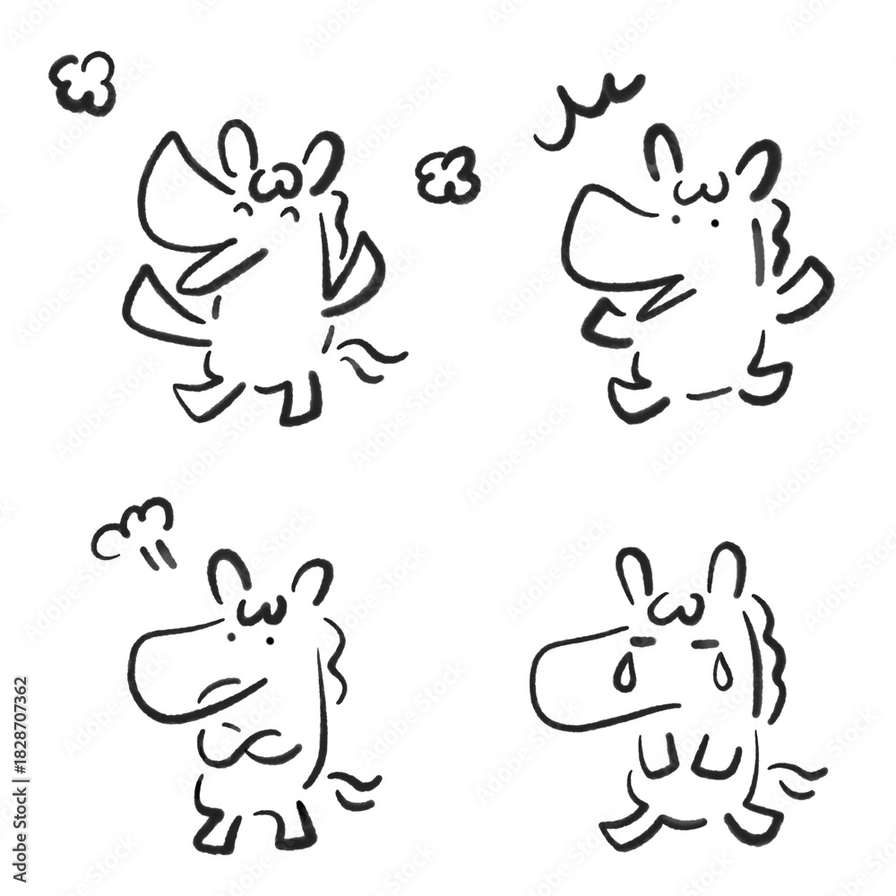 Obraz premium 色々な感情と表情の馬キャラクターの手描きモノクロセット 墨絵・笑う・怒る・驚く・泣く