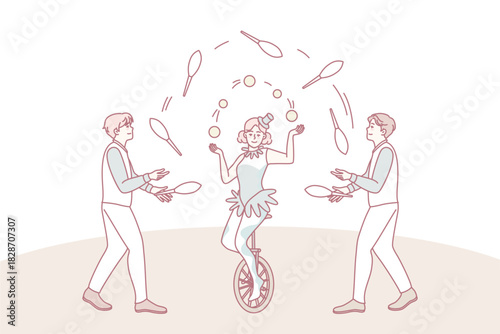 Artist juggling on circus arena. Man and woman performers make show on stage. Jugglers performance. Flat vector illustration.