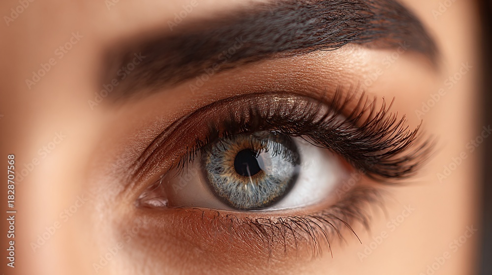 Obraz premium Close-up view of a captivating eye featuring delicate eyelashes and a well-defined eyebrow, highlighting the beauty and artistry of the eye area. Focus on the intricate details and makeup