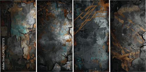 Dark Teal & Rust Grunge Texture Pack – Industrial Decay Metal Backgrounds, Worn Cyan Orange Distressed Overlays, Moody Urban Wall Textures