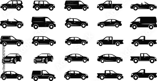 Large Set of Car Silhouettes, Black Vector Icons of Various Vehicle Types Including Sedan, SUV, Van, and Pickup Truck, Isolated on White for Transport Design.