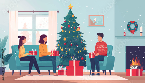 Holiday Gift Exchange Scene Flat Vector Illustration