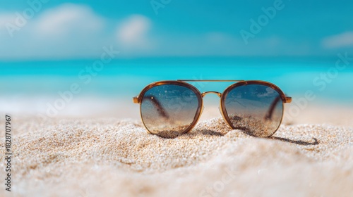 Sunglasses lay on soft sand at a beach reflecting sunlight. Calm turquoise waves wash gently in the background under a clear blue sky.