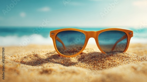 Yellow sunglasses sit on a warm sandy beach as turquoise ocean waves gently roll in under a clear blue sky creating a peaceful and relaxing summer scene.
