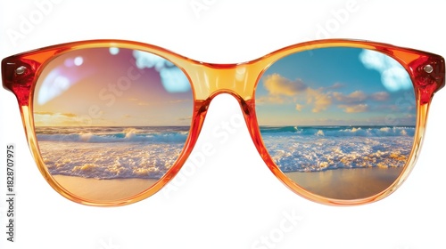 Sunglasses with vibrant orange frames showcase a stunning beach view through their lenses capturing waves soft sand and a colorful sky at sunset.