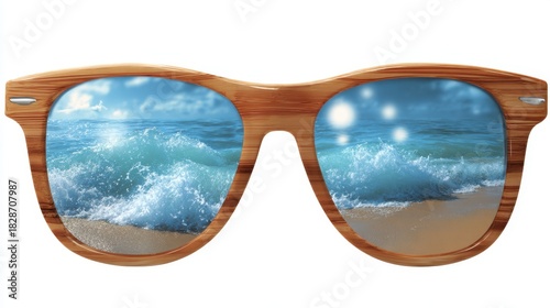 Sunglasses showcase a vibrant reflection of crashing waves and a clear blue sky capturing the essence of a sunny beach day filled with relaxation and enjoyment by the ocean.
