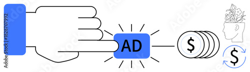 Hand presses ad button triggering coin flow toward head filled with creativity ideas. Ideal for marketing, monetization, creativity, innovation, business strategy, advertising, online revenue. Simple