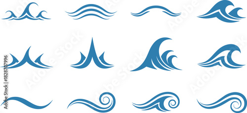 Ocean wave icon set, stylized blue waves, abstract water symbols, surfing graphics, sea crest design, aquatic theme elements