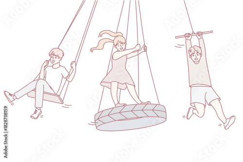 youngsters having fun outdoors, kids laughing and swinging on tires during sunny park day, group of children experiencing energetic play and happiness outdoors on vibrant summer day