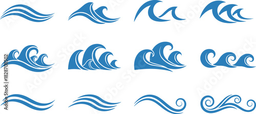 Ocean wave icons, stylized water symbols, blue wave graphics, sea motion elements, coastal design, marine theme illustrations, vector set