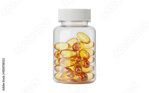 Clear bottle filled with golden oval softgel capsules on a black background