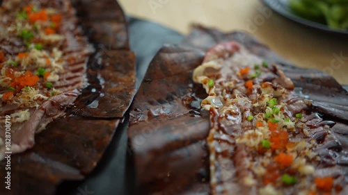 Premium grilled wagyu beef meat on hoba leaf cookery barbecue yakiniku