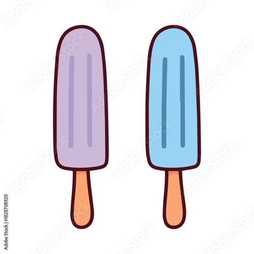A pair of popsicles in purple and blue shades on wooden sticks. Refreshing frozen fruit ice bars or sorbets, essential for cooling down on hot summer days.