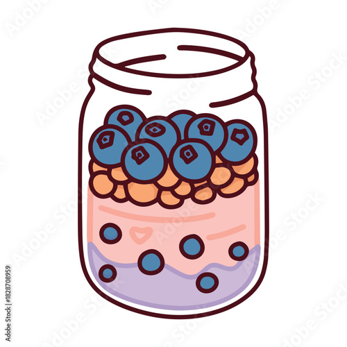 A glass jar filled with layers of yogurt, blueberries, and granola or nuts. A healthy and delicious fruit parfait dessert, ideal for a nutritious breakfast.