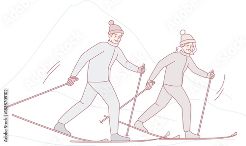 Happy couple in outerwear skiing in mountains. Man and woman enjoy winter vacations with sport activities. Vector illustration.