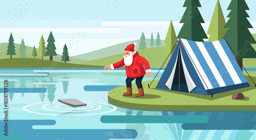 Holiday Camping Trip: Santa enjoying outdoors near lake with striped tent and scenic treescape