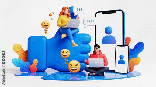 3d illustration of people using laptop near giant like button, smartphone, and emoji for social media interaction concept isolated on white background