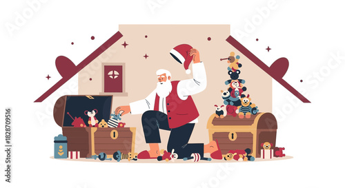 Illustrated festive character organizing toys inside a house with joyful decorations preparing