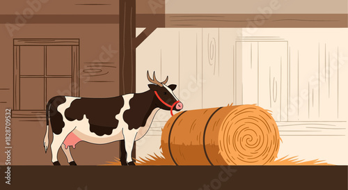 Illustration of a cow standing near a bale of hay inside a barn with natural light