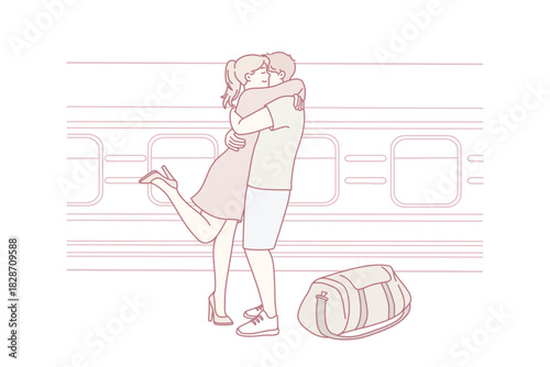 train platform goodbye hug between travelers, tender embrace on station with duffel bag on ground, woman lifting leg, pastel line art illustration evoking bittersweet travel emotion, minimal