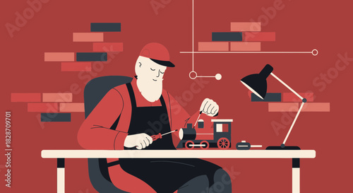 Illustrative scene of craftsman meticulously assembling a miniature train with focus and passion