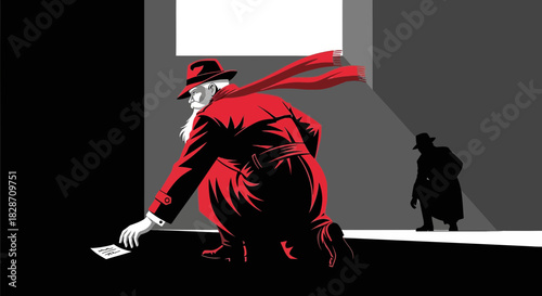 Intrigue illustration of a bearded figure in a red coat finding a note in shadows