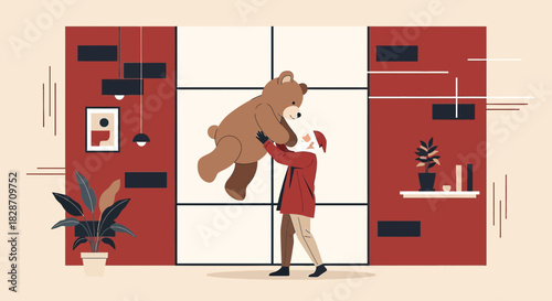 Joyful celebration of a playful moment with a cherished teddy bear in a home setting