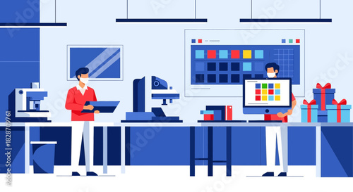 Innovative graphic designers collaborating in a cutting-edge digital workshop environment