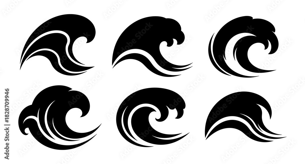 Obraz premium Set of abstract black wave silhouettes for design projects