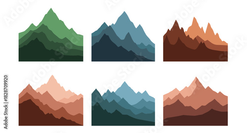 Colorful mountain landscapes with layered silhouettes in gradient hues